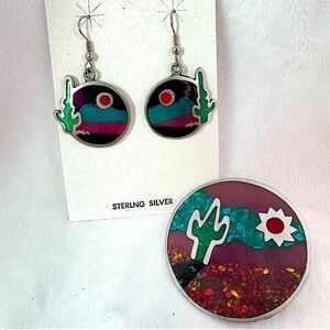 Ninibah Sterling Silver Resin Desert Scene Cactus Dangle Earrings and Pin Brooch